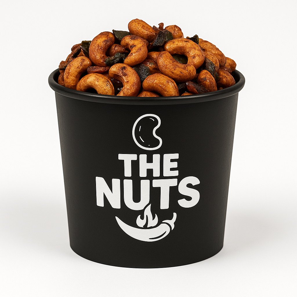 250 g matte black tub of The Nuts spicy cashew snacks, open top