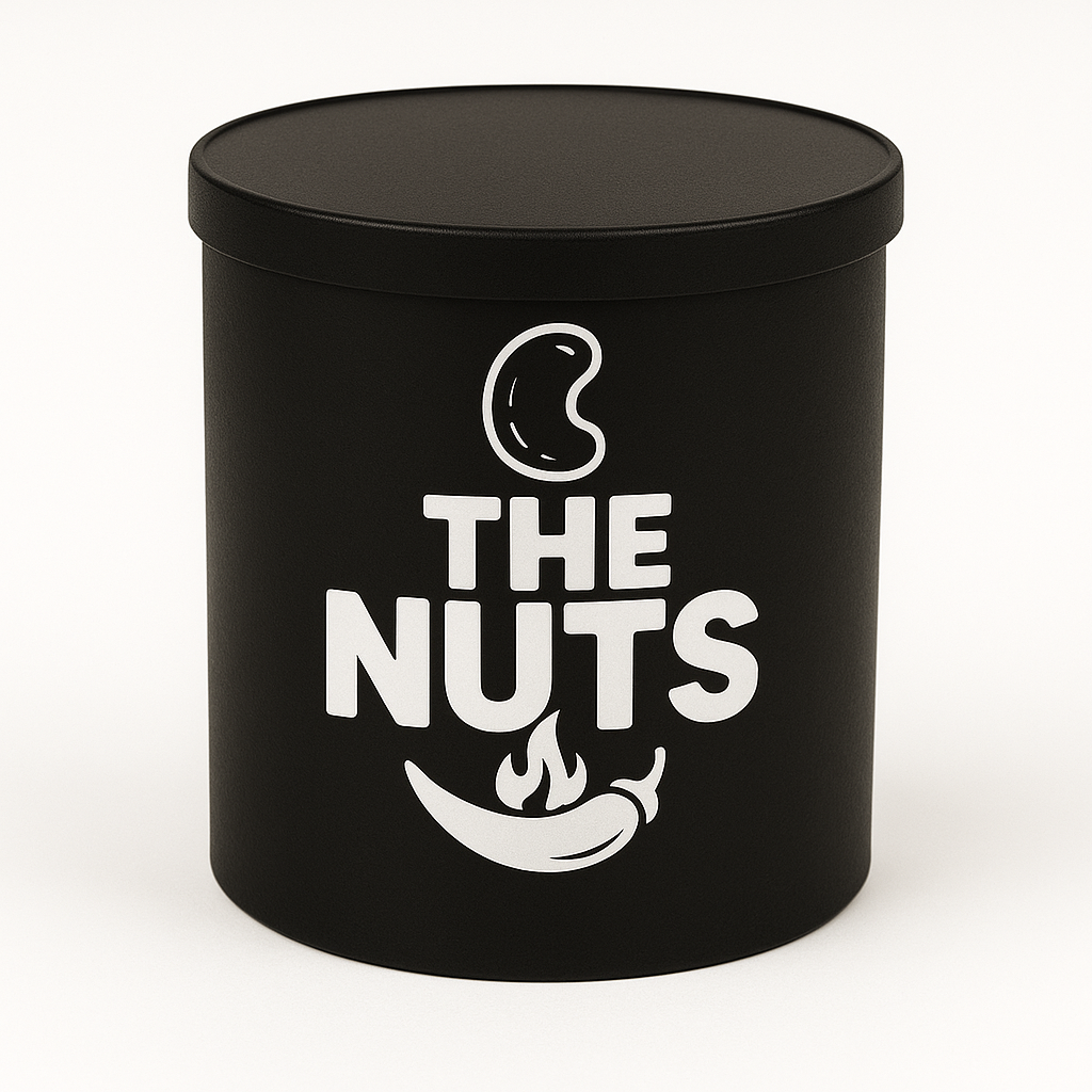 Black container with 'The Nuts' text and graphics on a white background