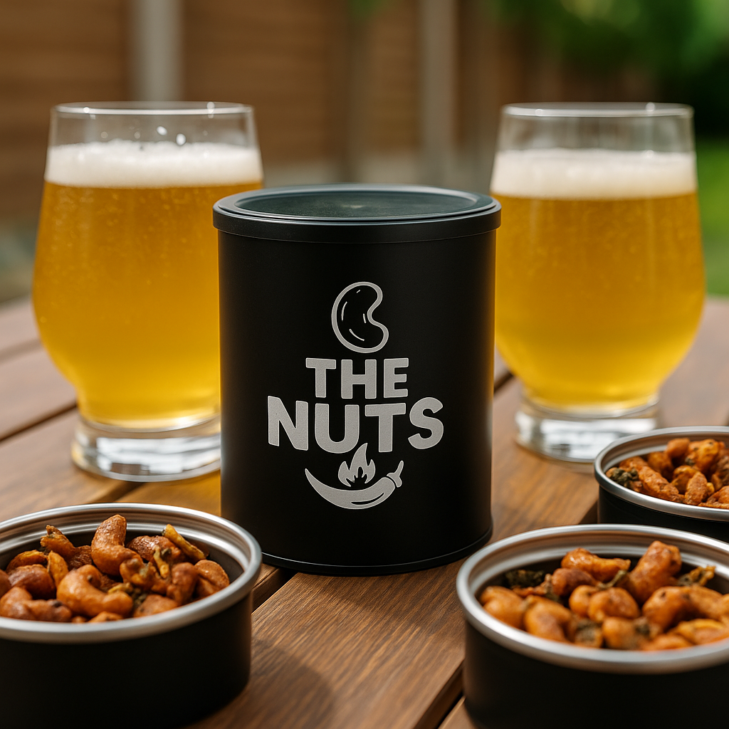  'The Nuts' with two glasses of beer and bowls of spicy cashews.
