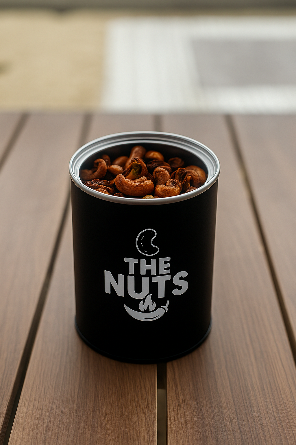 Black canister labeled 'The Nuts' filled with cashews 